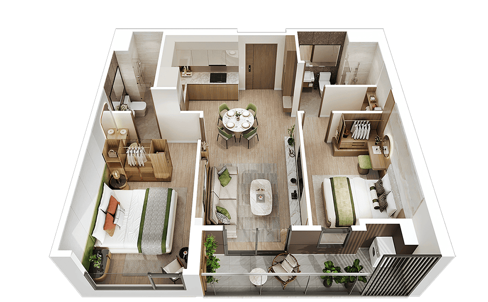 Căn hộ 2PNDiện tích từ 58 – 63m2